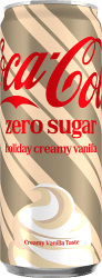 Coca-Cola Zero Sugar Holiday Creamy Vanilla 33cl NP burk med cremefärgad design med diagonala ränder och röd logotyp