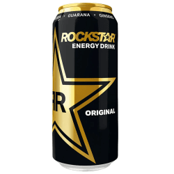Svart och guldad burk med Rockstar Energy Drink Original 500ml med stor guldstjärna och texten Guarana och Ginseng längs överkan