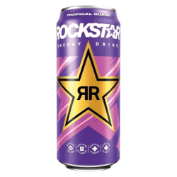 Lila burk Rockstar Energy Drink Tropical Guava 500ml med guldstjärna och RR-logotyp mot vit bakgrund