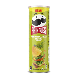 Pringles Mediterranean Herbs 165g grön burk med bild på örter och potatischips