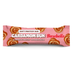 Barebells Soft Protein Bar Cardamom Bun 55g med rosa förpackning och kardemummabullemönster