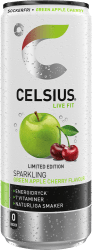 Celsius Live Fit Sparkling Green Apple Cherry energidryck 250ml burk med grönt äpple och körsbär på förpackningen