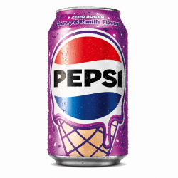 Pepsi Zero Cherry Vanilla 33cl burk med lila design och glass-motiv, sockerfri läsk med körsbärs- och vaniljsmak