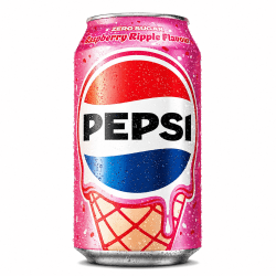 Rosa Pepsi Zero burk 33cl med Raspberry Ripple-smak och glassstruturmönster mot vit bakgrund