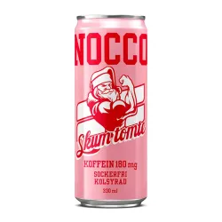 Rosa NOCCO Skumtomte-burk 330 ml med muskulös tomtefigur, märkt koffein 180 mg, sockerfri och kolsyrad