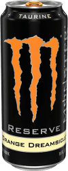 Svart Monster Energy-burk med orange M-logotyp, Reserve Orange Dreamsicle, 500 ml, med taurin-märkning på toppen